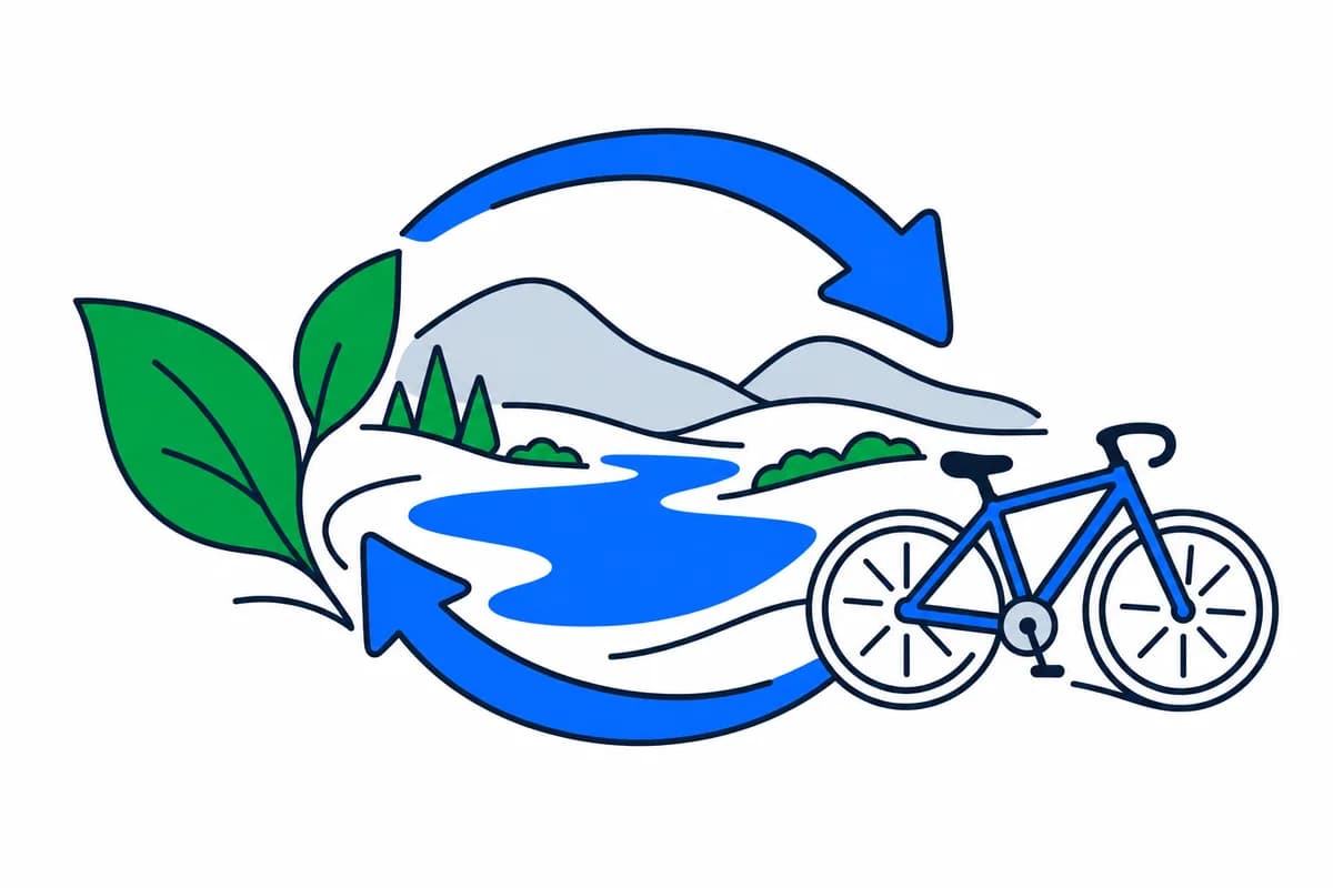 Blue cycle arrows connect leaves, a landscape and a bicycle.