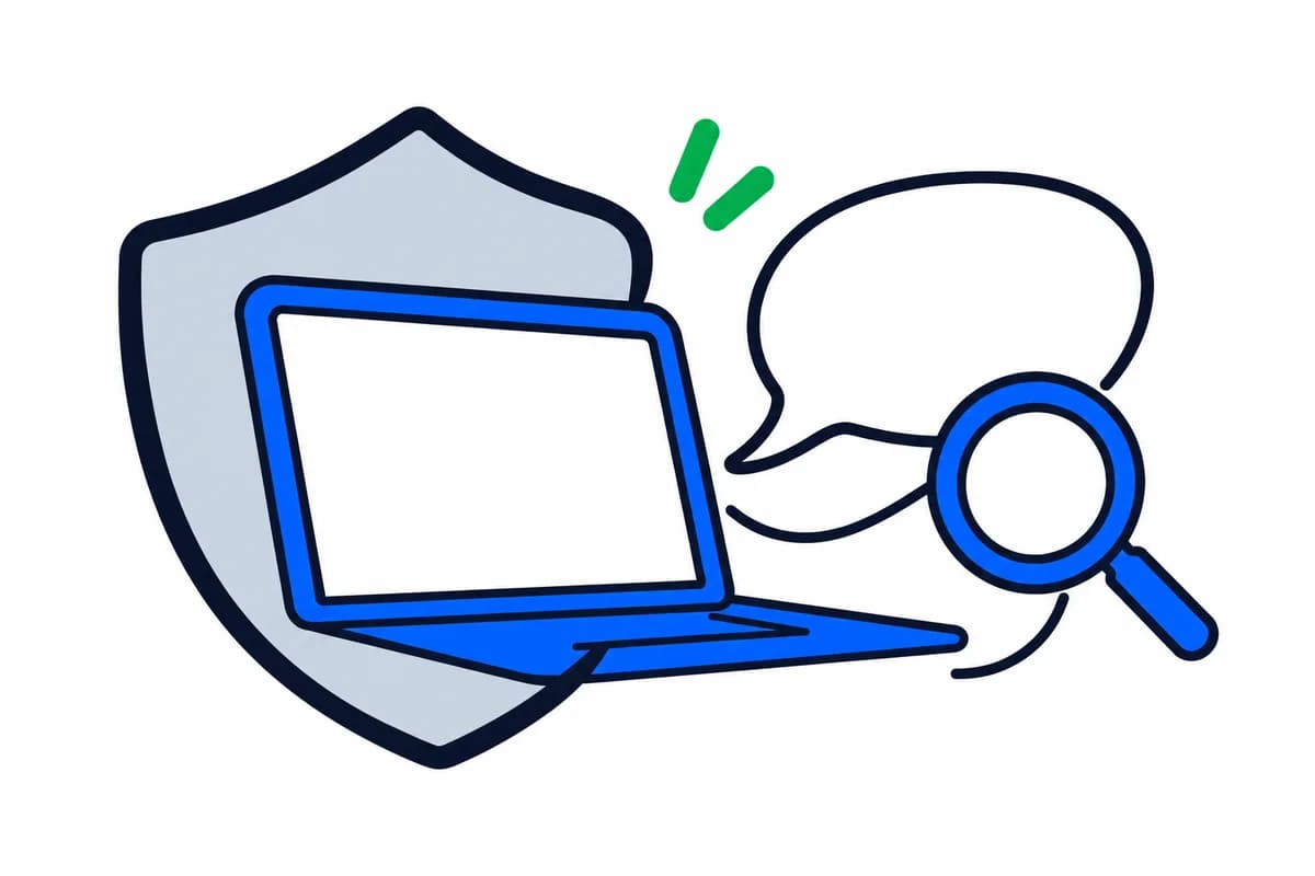 A laptop with a protective shield, a speech bubble and a magnifying glass.