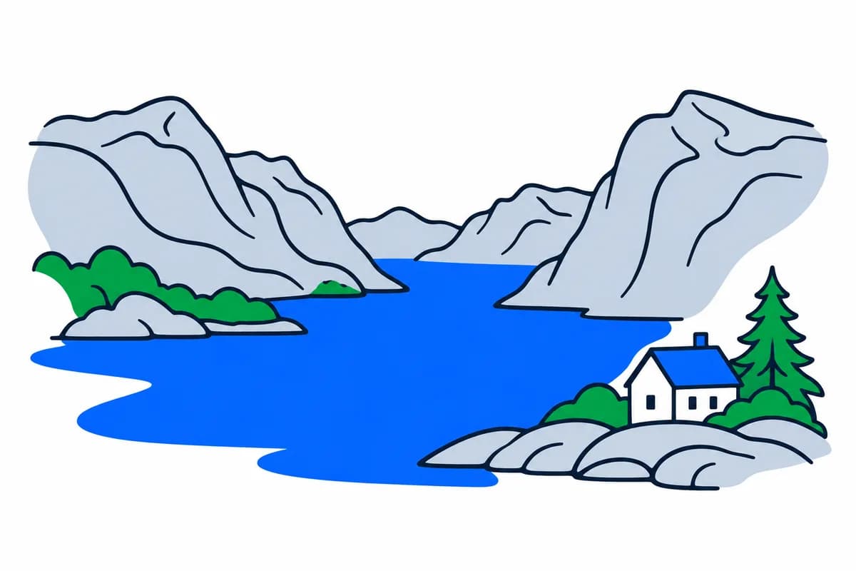 En blå fjord mellom fjell, med et lite kysthus og et grantre.