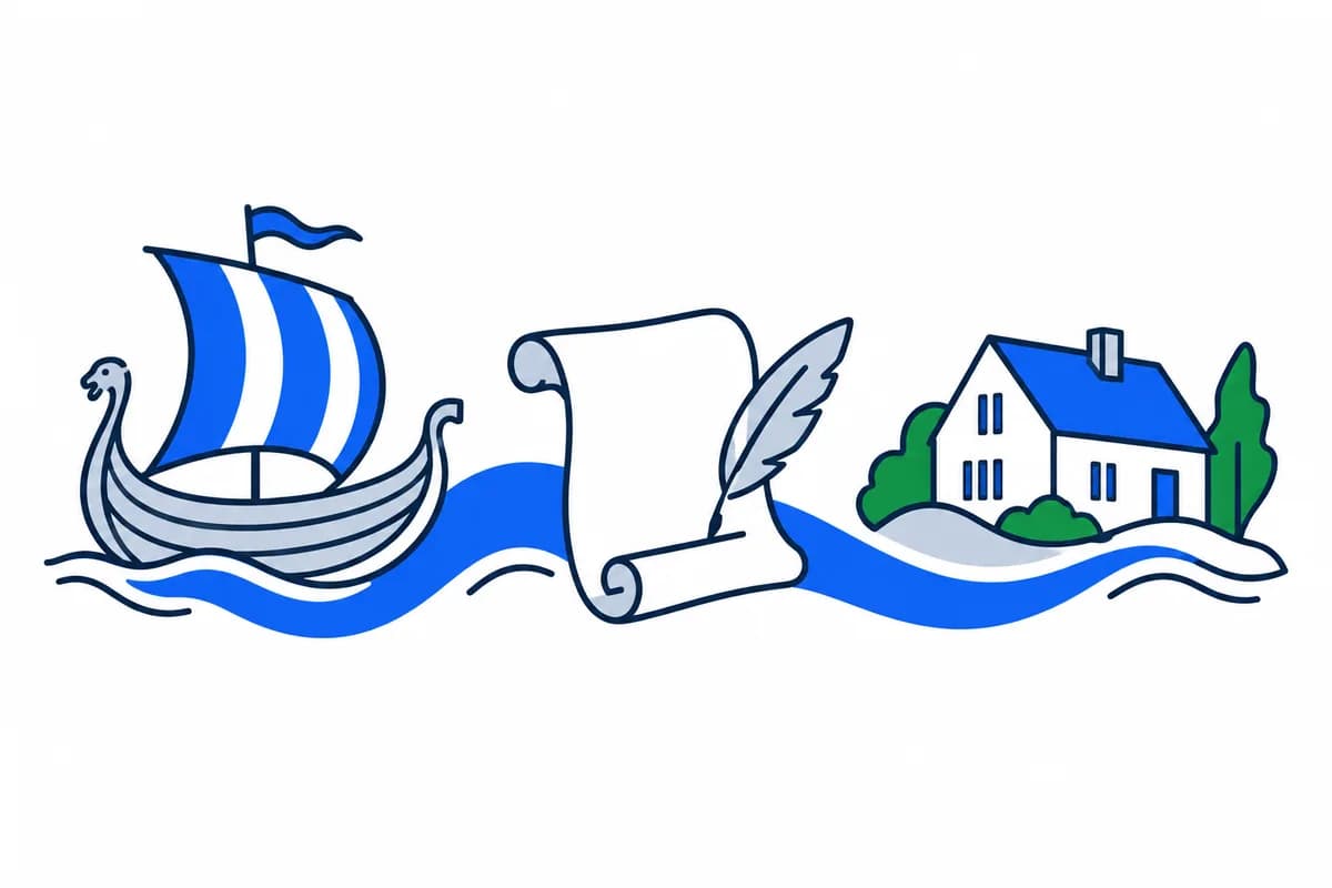 A blue ribbon connects a sailing ship, a parchment and a modern home.