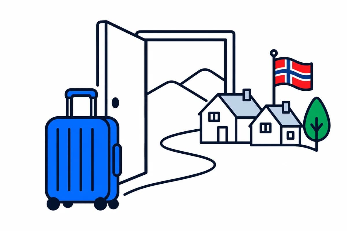 A suitcase by an open doorway, with a path leading to Norwegian homes.