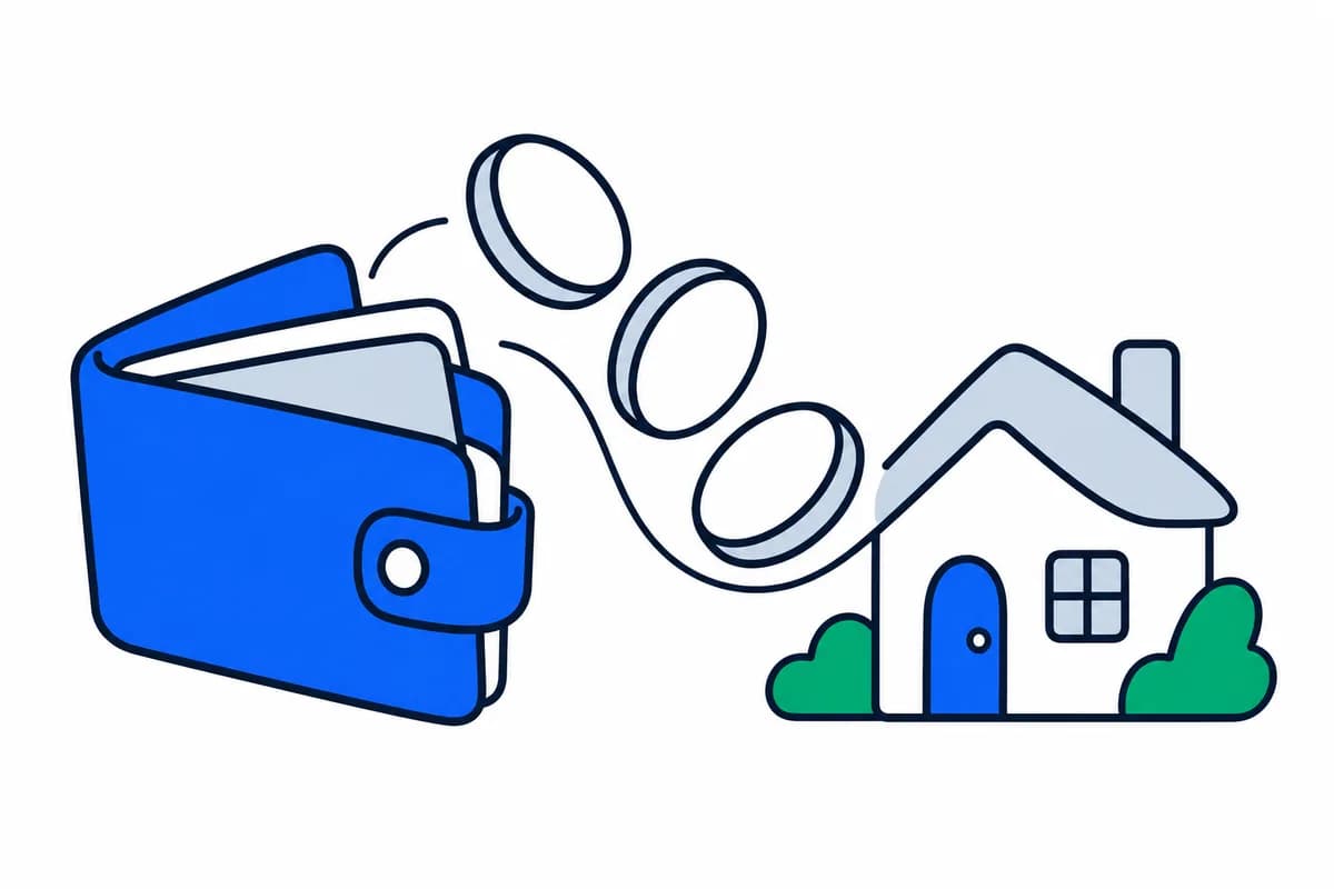 A blue wallet and coins connect with a home.