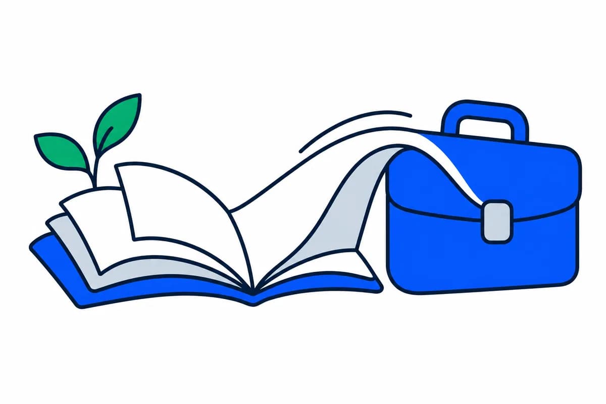 An open book forms a bridge towards a work briefcase.