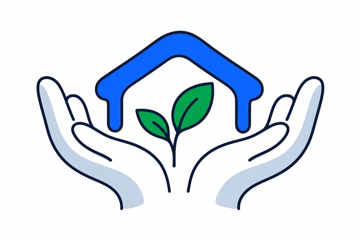 Open hands support a protective blue arch around a green sprout.