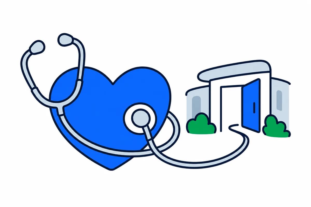 A stethoscope connects a blue heart with an open clinic doorway.