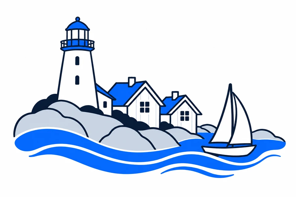 AI-generated illustration: Agder. White coastal towns and Lindesnes Lighthouse.