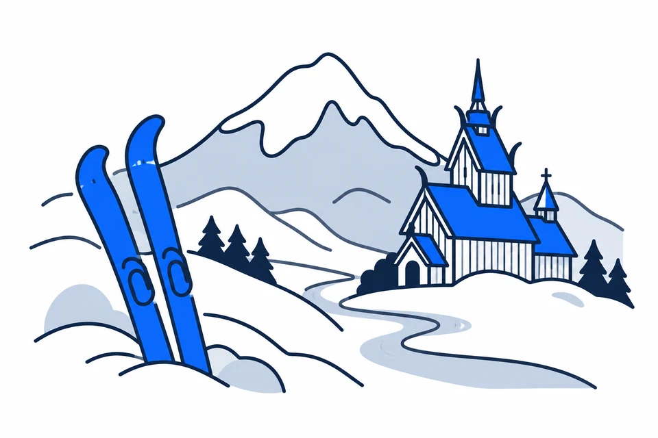 AI-generated illustration: Buskerud. Ski mountains and valley stave churches.