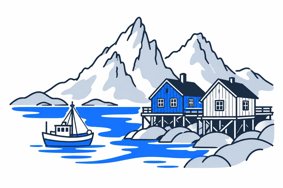 رسم توضيحي مولّد بالذكاء الاصطناعي: Nordland. قرى الصيد والقمم الساحلية في لوفوتن.