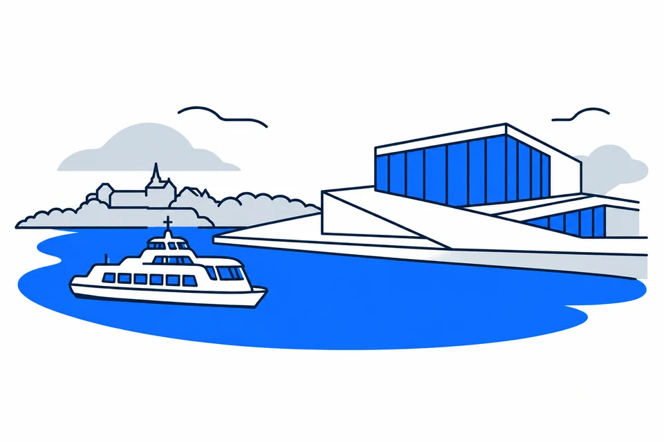 AI-generated illustration: Oslo. The Opera House and life on the Oslofjord.