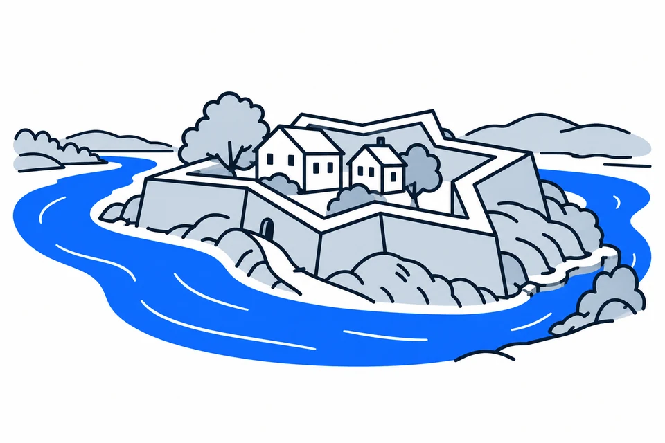 AI-generated illustration: Østfold. Fredrikstad’s old town and historic fortresses.