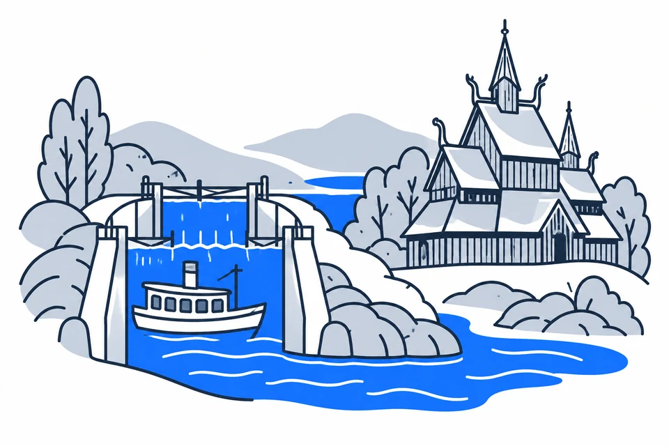 AI-generated illustration: Telemark. The Telemark Canal and Heddal Stave Church.