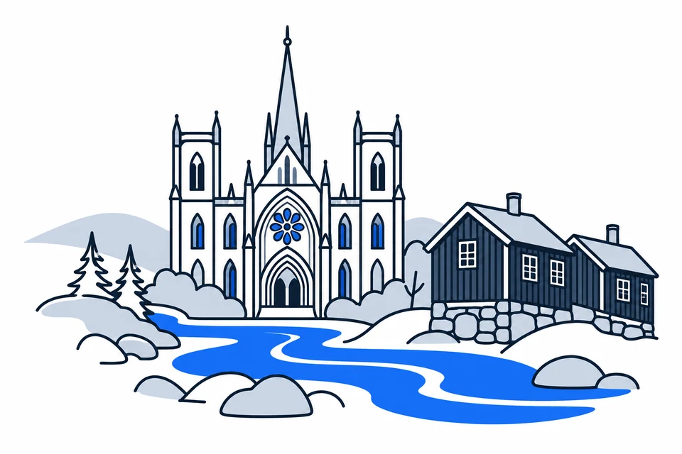 AI-generated illustration: Trøndelag. Nidaros Cathedral and Røros’s timber houses.