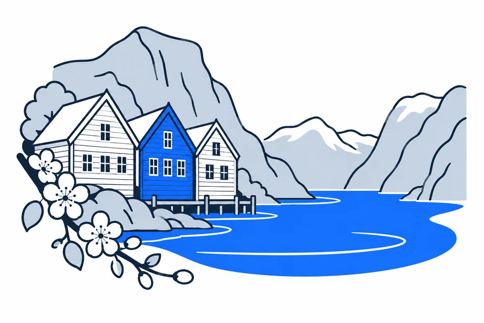 AI-generated illustration: Vestland. Bryggen in Bergen and the great fjords.