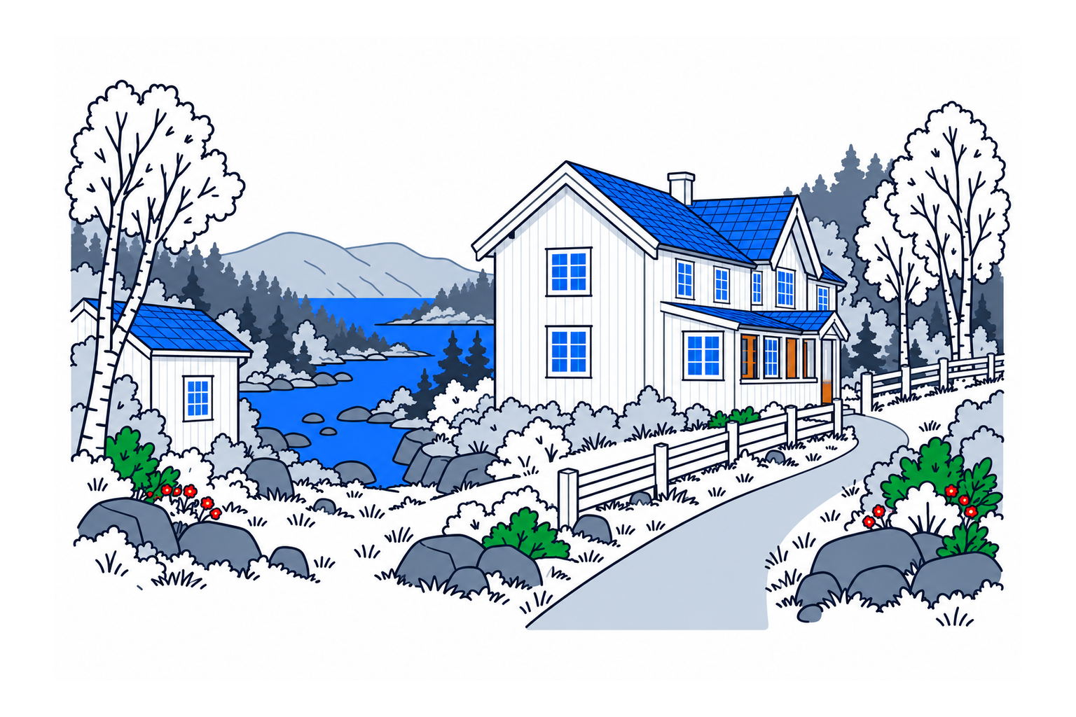 SamfunnPrep illustration of Fredmoen's timber house, veranda and surrounding river landscape.