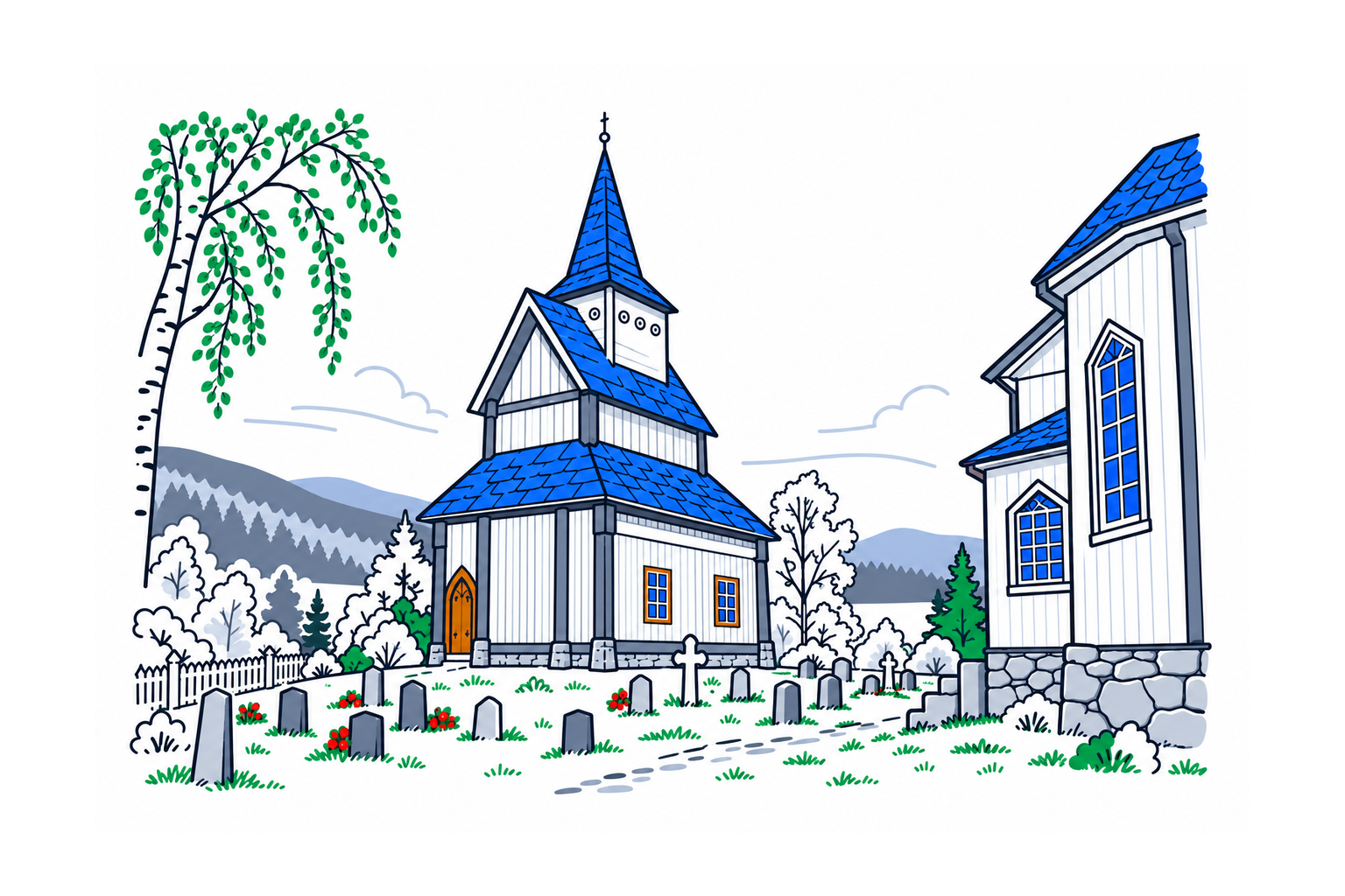 SamfunnPrep illustration: Torpo stavkyrkje, Ål. The surviving medieval stave church beside its later neighbour.