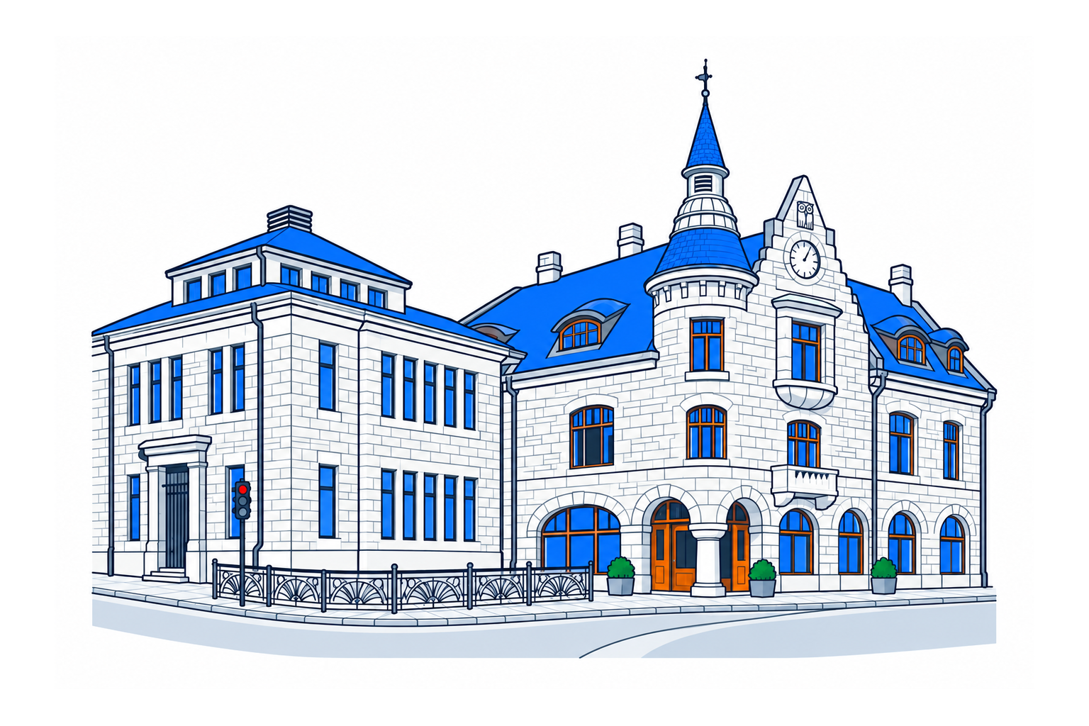 SamfunnPrep illustration of Jugendstilsenteret in Ålesund, showing the Art Nouveau façade of the former Swan Pharmacy.