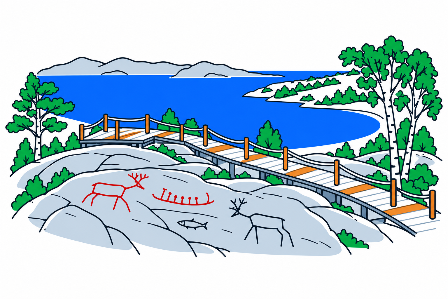 SamfunnPrep illustration of the bay, carved rock surfaces and wooden visitor paths at Hjemmeluft in Alta.