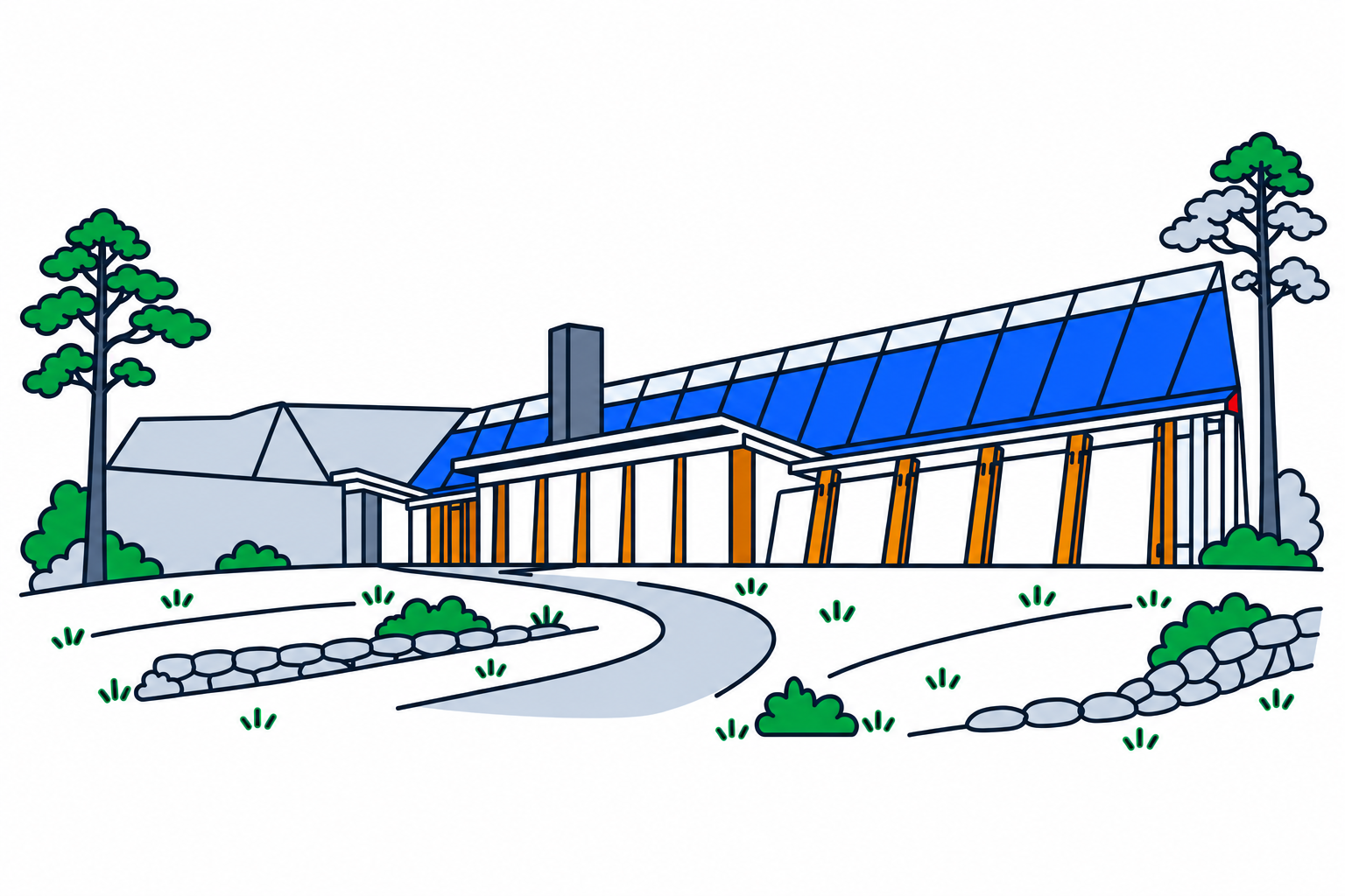 SamfunnPrep illustration: Huset Aukrust, Alvdal. Sverre Fehn's museum building facing the Alvdal landscape.