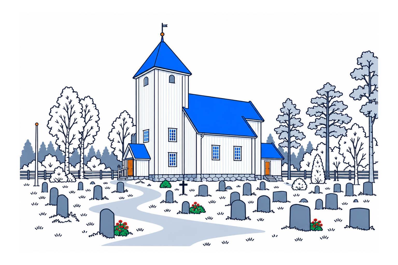 SamfunnPrep illustration: Nordre Osen gamle kirke, Åmot. The old timber church with its tall pyramidal tower.