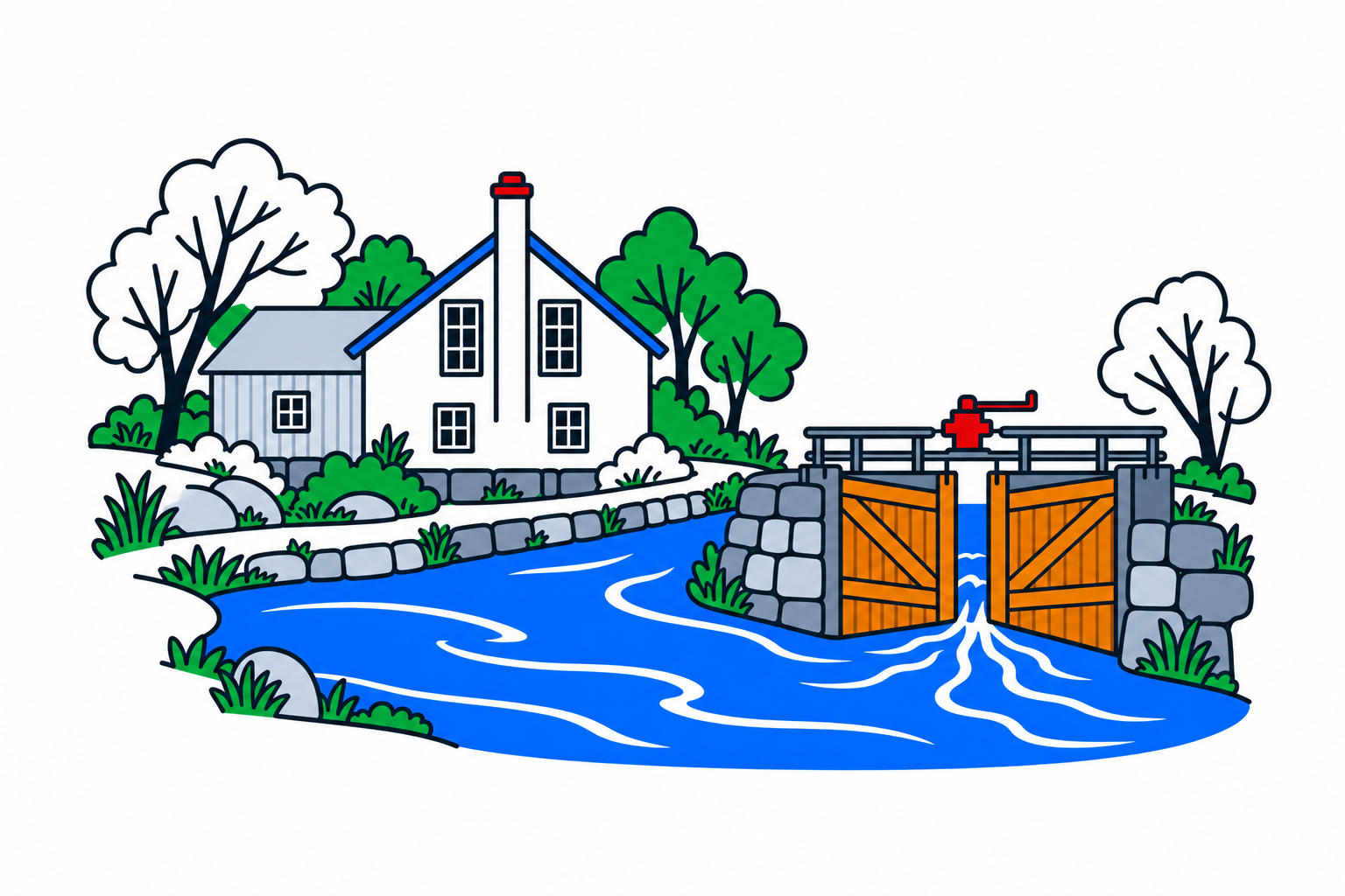SamfunnPrep illustration: Strømsfoss, Aremark. The canal-side village and historic mill.