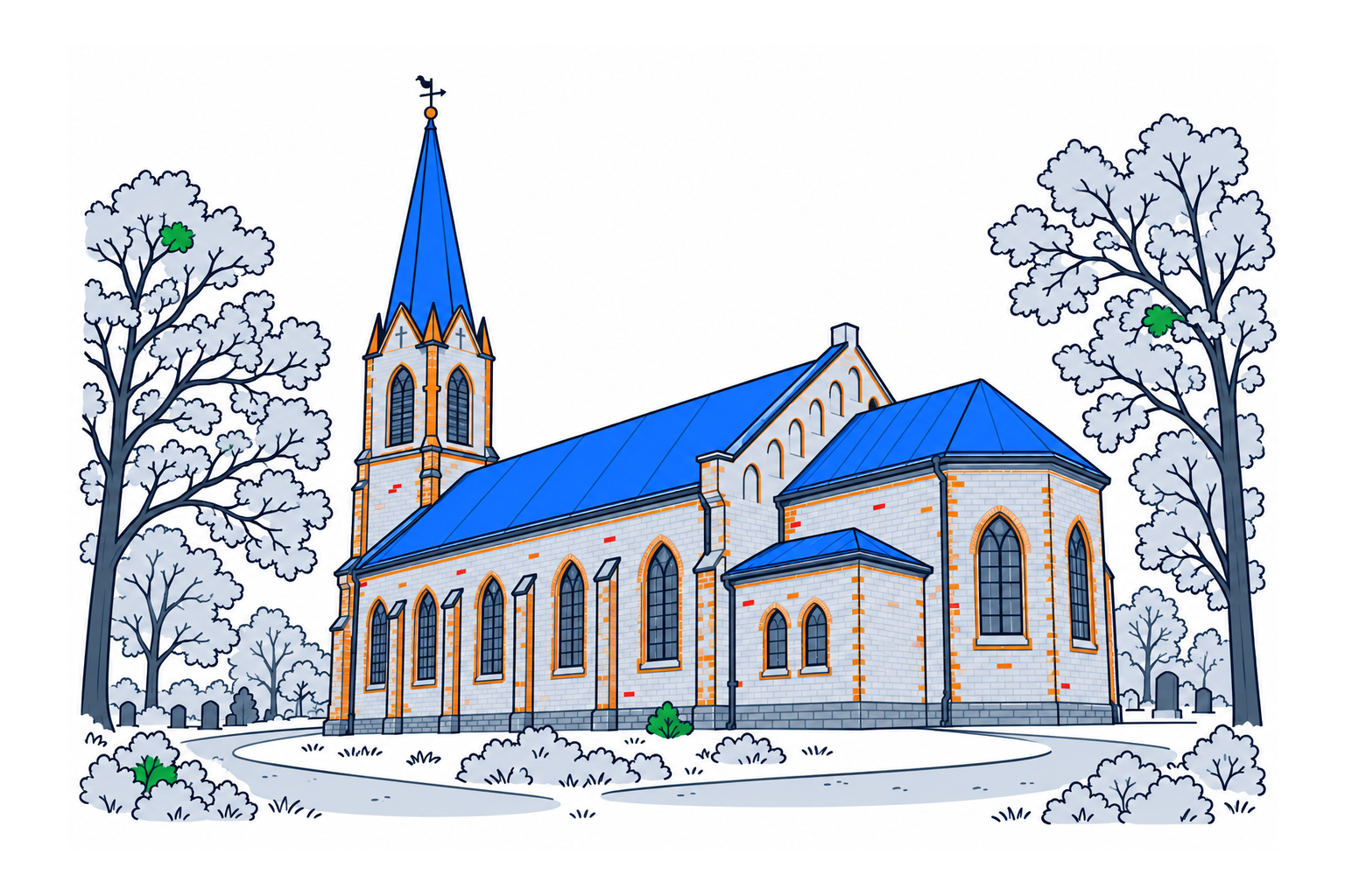 SamfunnPrep illustration: Ås kirke, Ås. The brick church with its tall spire.
