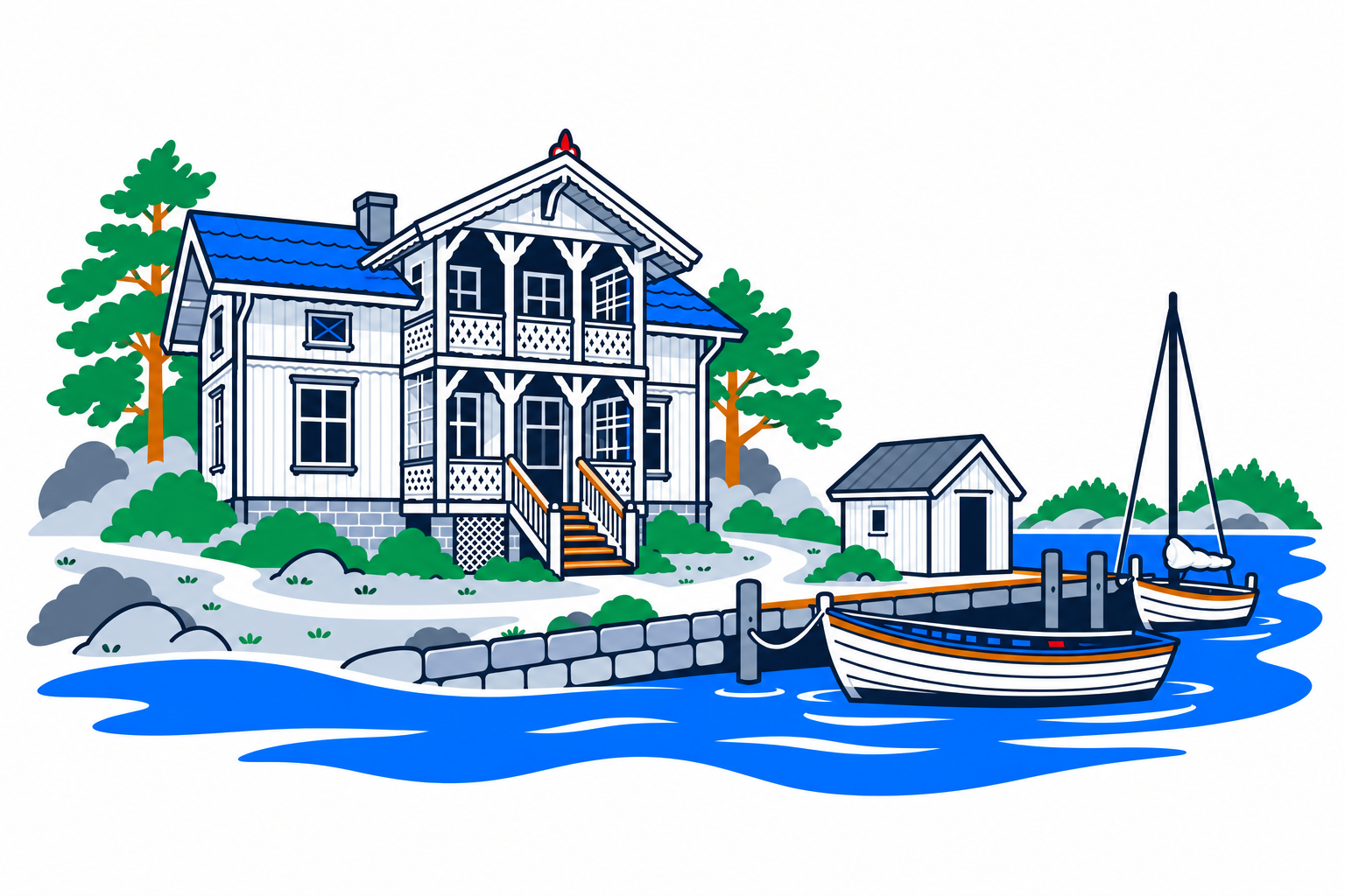 SamfunnPrep illustration: Vollen, Asker. The coastal village and its historic waterfront buildings.