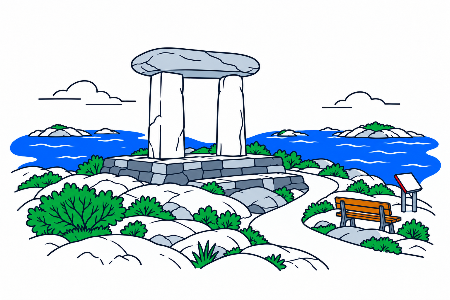 SamfunnPrep illustration of Roktamonumentet on Rindarøya in Aukra, showing the memorial against the exposed coastal horizon.