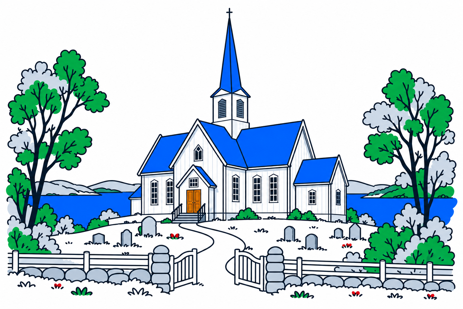 SamfunnPrep illustration of Aure kyrkje, showing the large timber cruciform church in the centre of Aure.