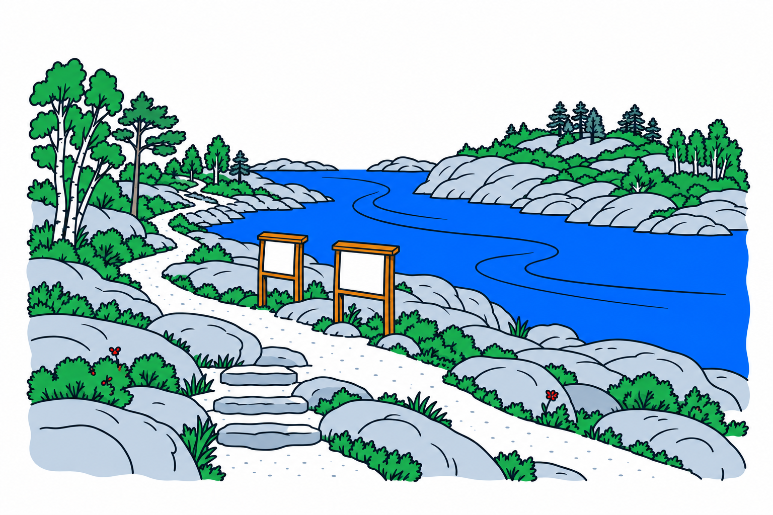 SamfunnPrep illustration of Steinalderstien ved Fosnstraumen in Austrheim, showing the coastal settlement landscape and interpretation trail beside the strait.