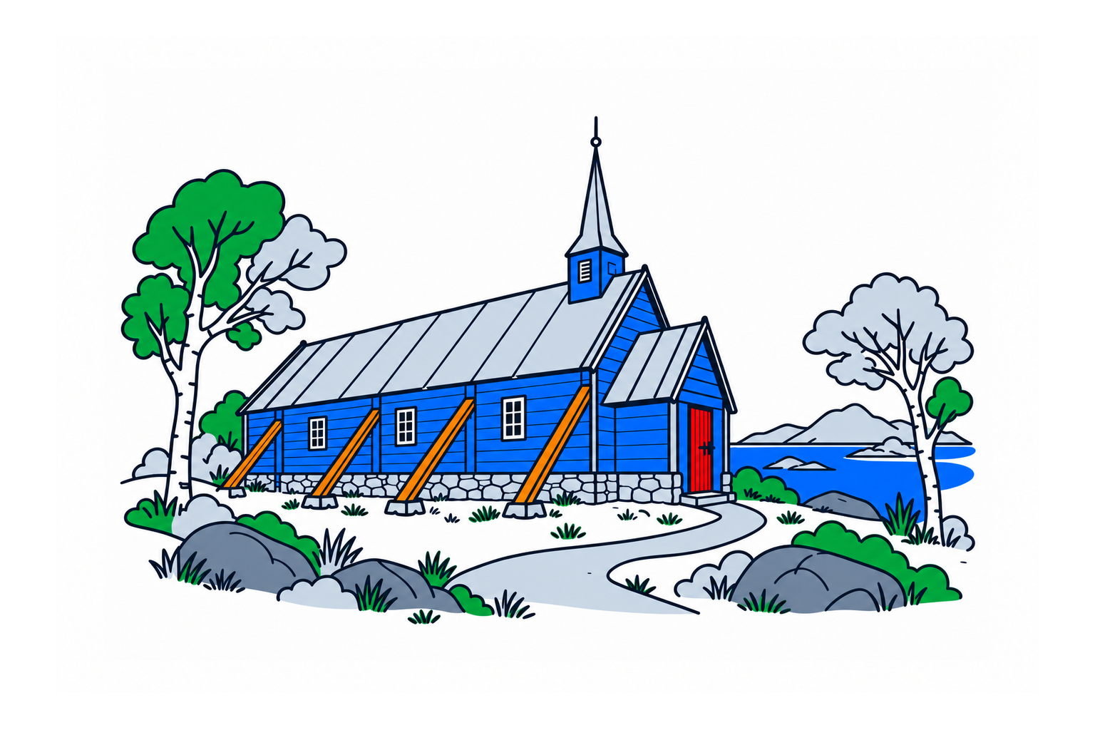 SamfunnPrep illustration of Kvernes stavkirke in Averøy, showing the long timber church and its distinctive exterior diagonal supports.