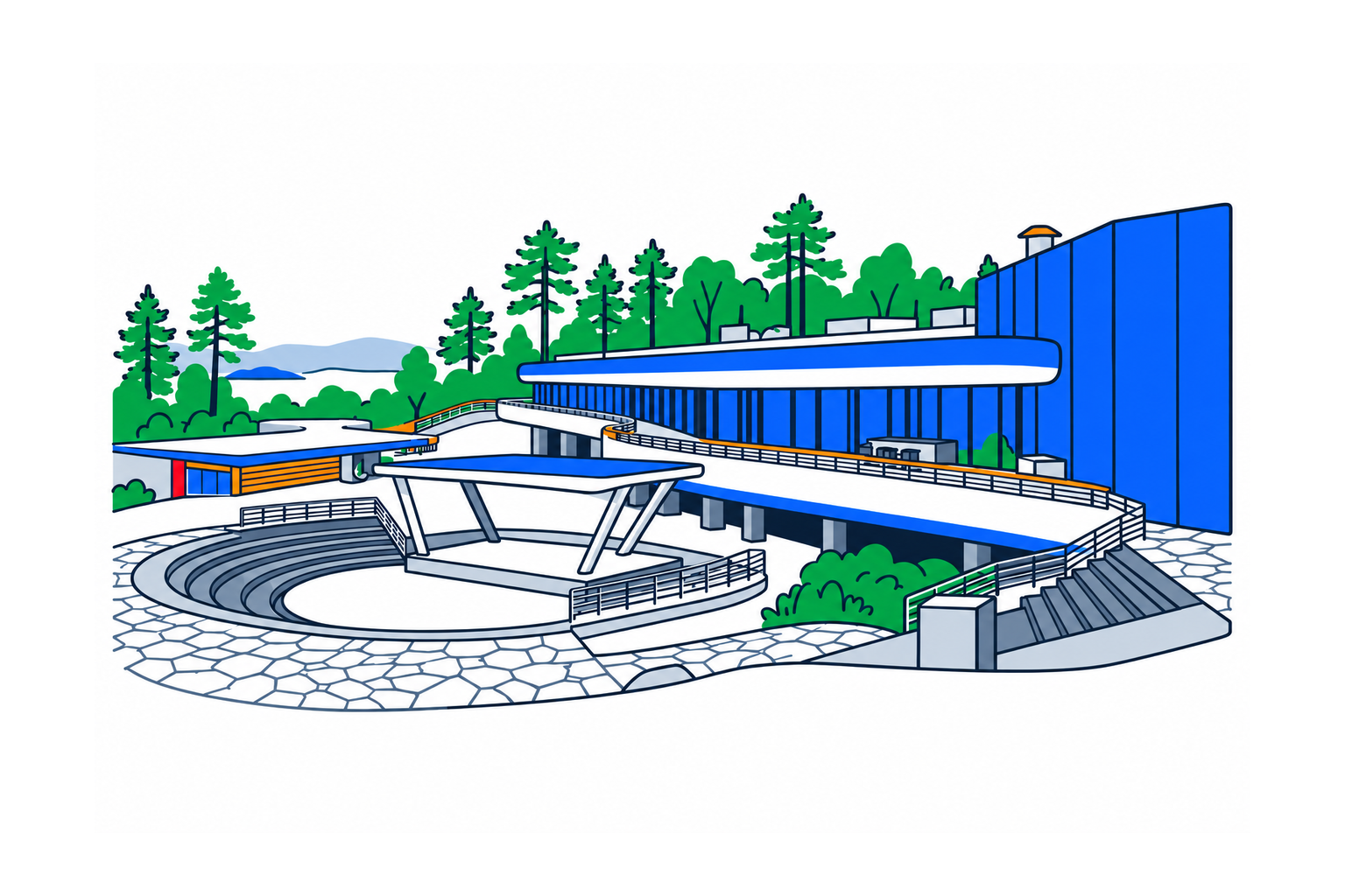 SamfunnPrep illustration: Henie Onstad Kunstsenter, Bærum. The art centre's low buildings beside the fjord.