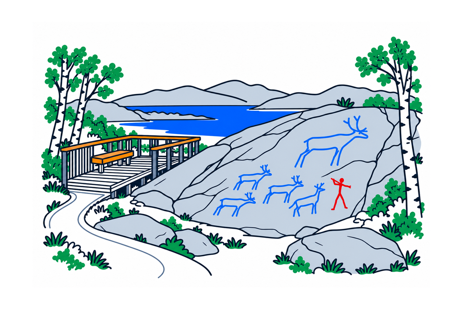 SamfunnPrep illustration of the sloping rock carvings and timber viewing trail at Tennes in Balsfjord.