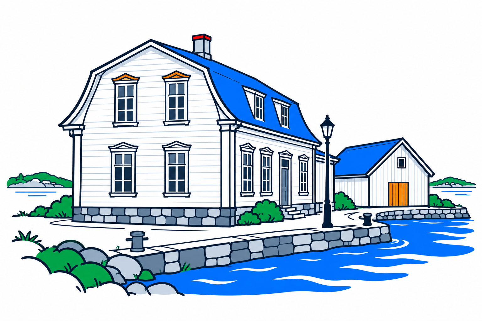 SamfunnPrep illustration: Tollboden i Langesund, Bamble. A historic customs house beside the sound.