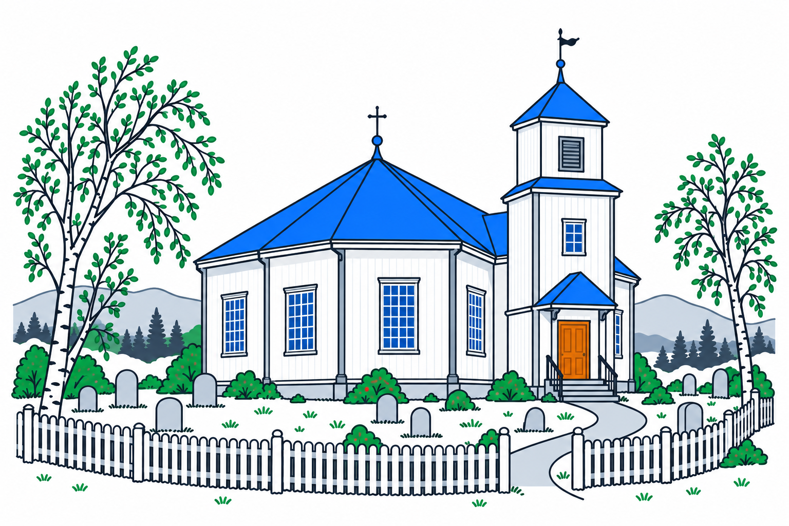 SamfunnPrep illustration of Bardu kirke in Setermoen, showing its white octagonal timber body and square entrance tower.