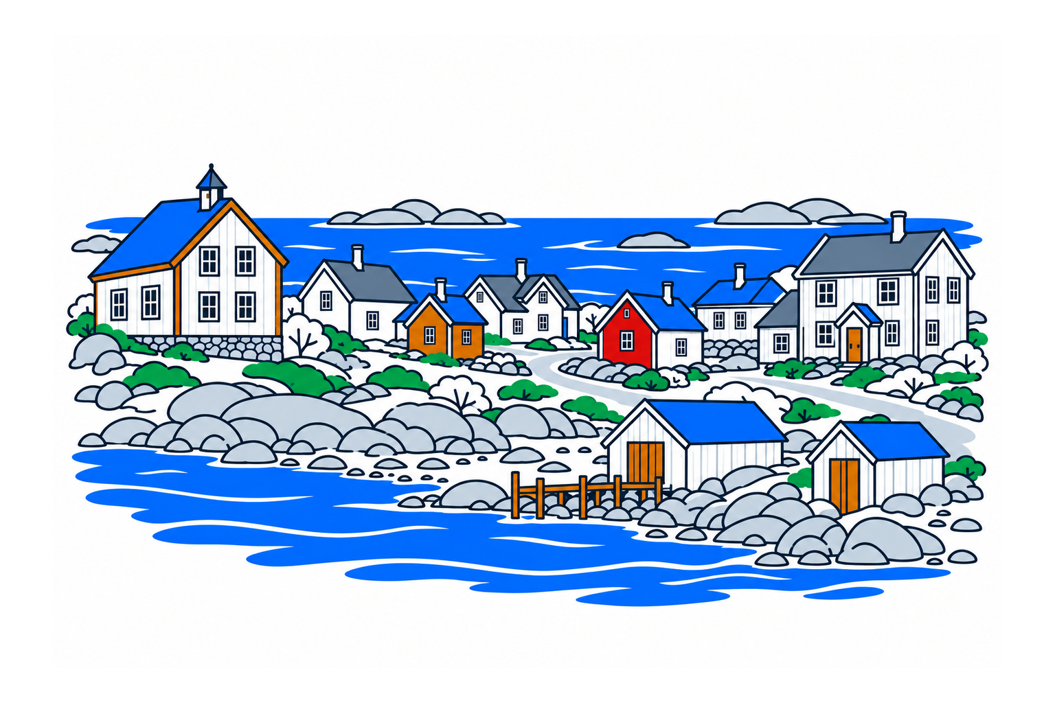 SamfunnPrep illustration of Hamningberg's preserved colourful timber houses and small chapel on the bare coastal landscape.