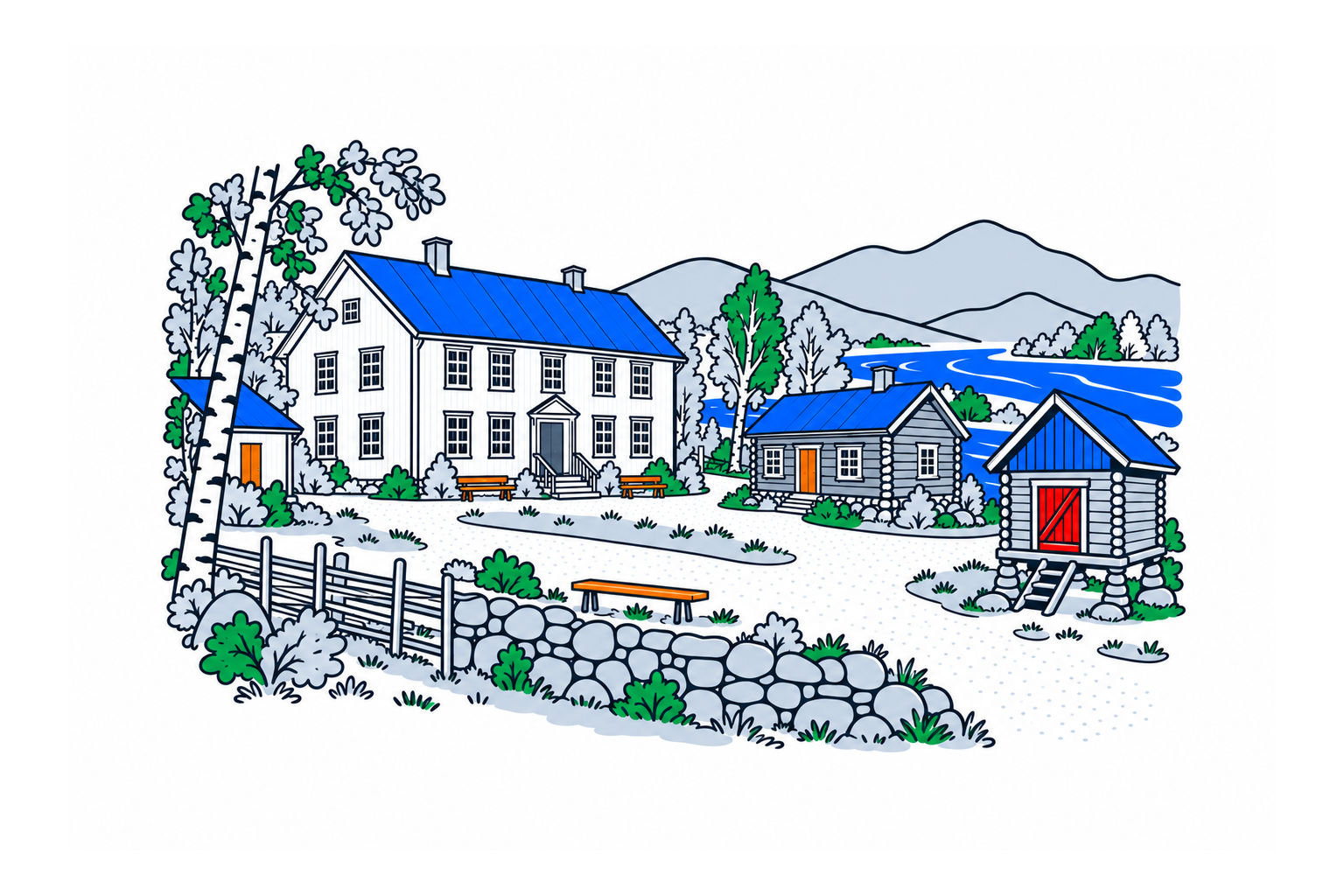 SamfunnPrep illustration of the historic buildings at Beiarn bygdetun