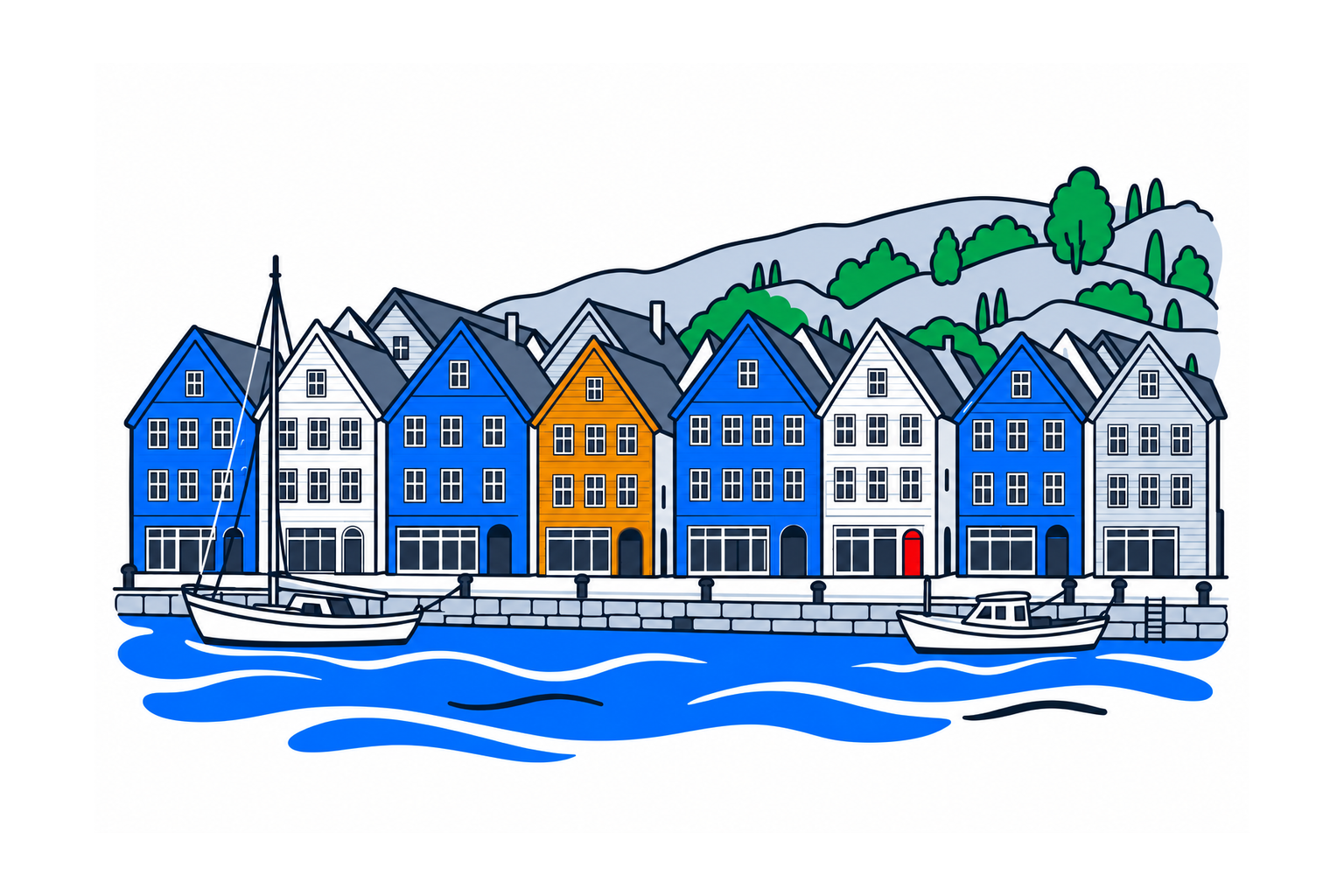 SamfunnPrep illustration of Bryggen in Bergen, showing the distinctive row of timber warehouse gables beside Vågen harbour.