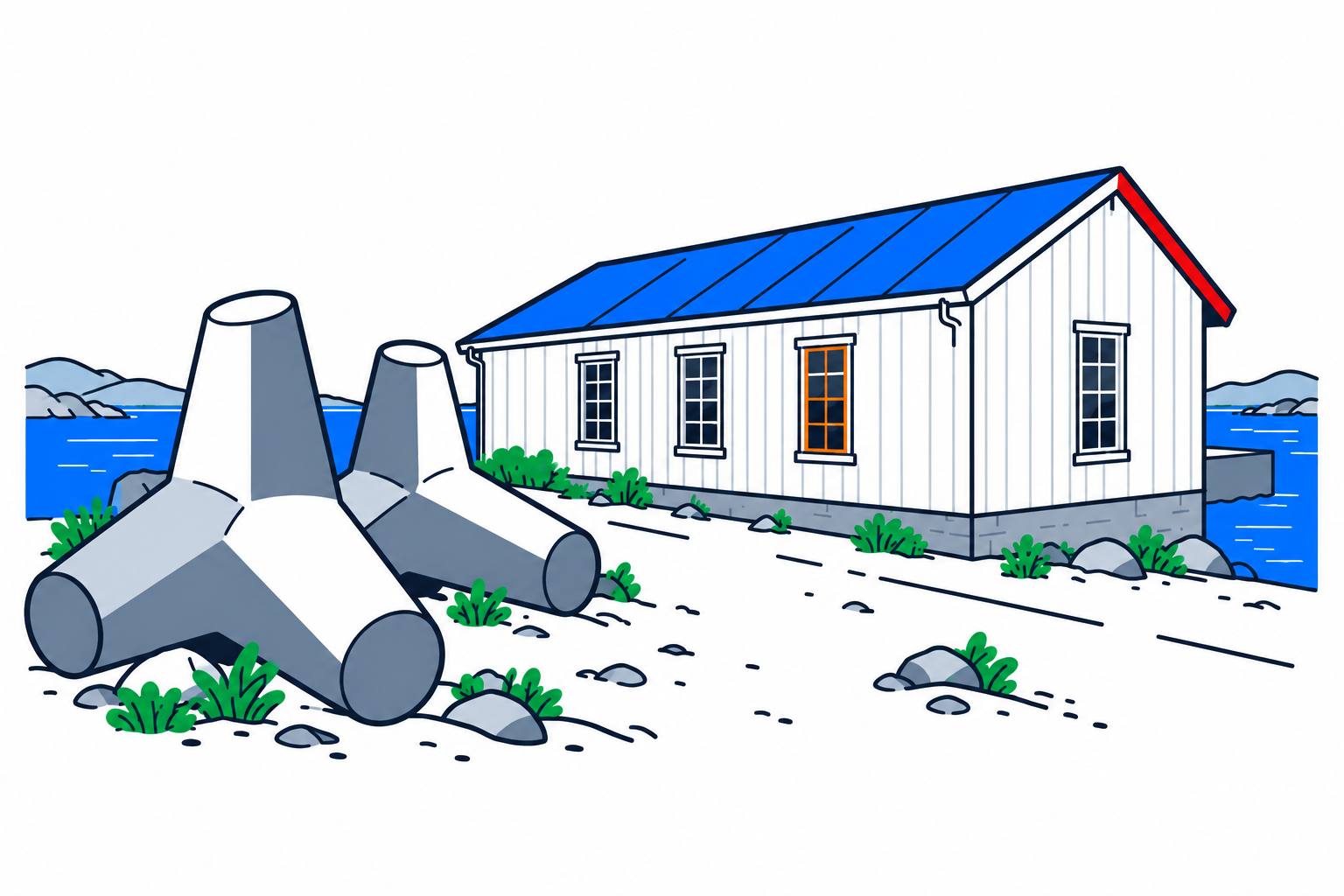 SamfunnPrep illustration of Berlevåg havnemuseum's low red timber building with two concrete tetrapods in front.
