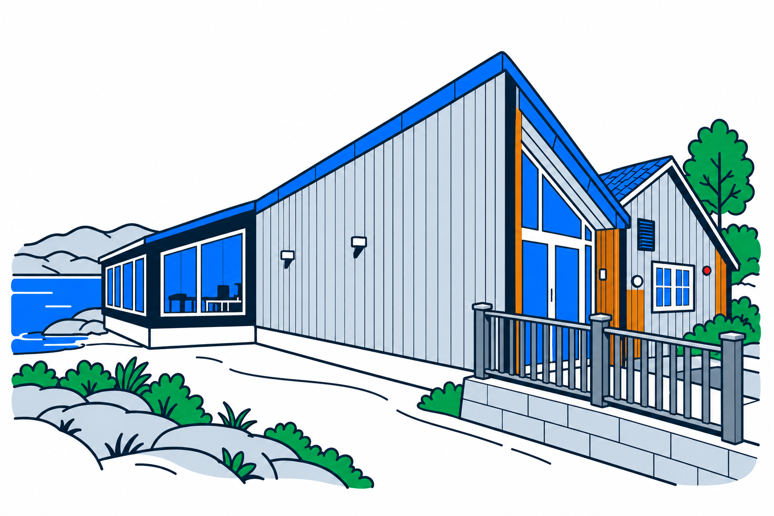 SamfunnPrep illustration of the Bindal Museum building in Terråk beside the coastal landscape.