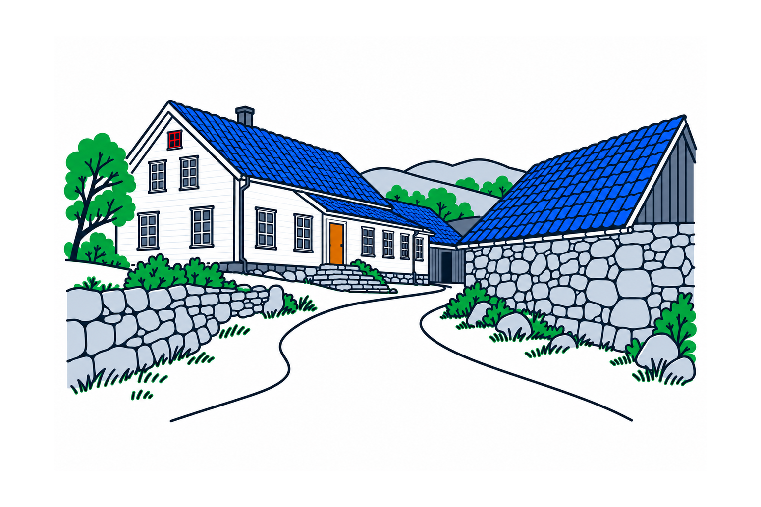 SamfunnPrep illustration of Kløgetvedttunet in Bjerkreim, with a long timber farmhouse and stone farm building beside the courtyard.