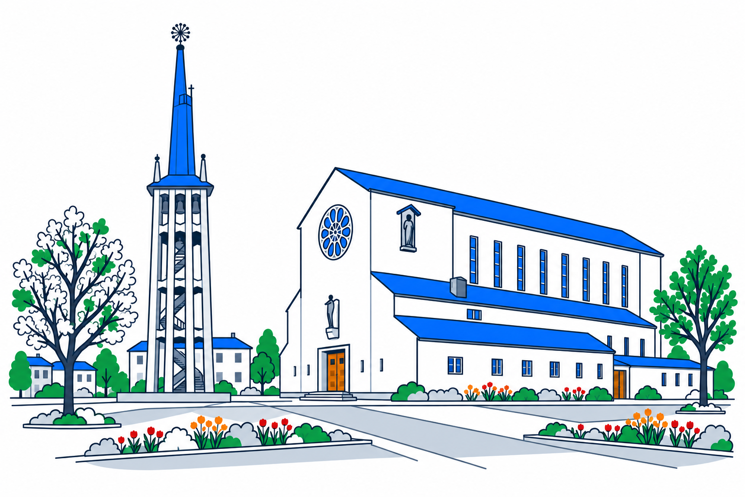 SamfunnPrep illustration of Bodø Cathedral and its separate open concrete bell tower.