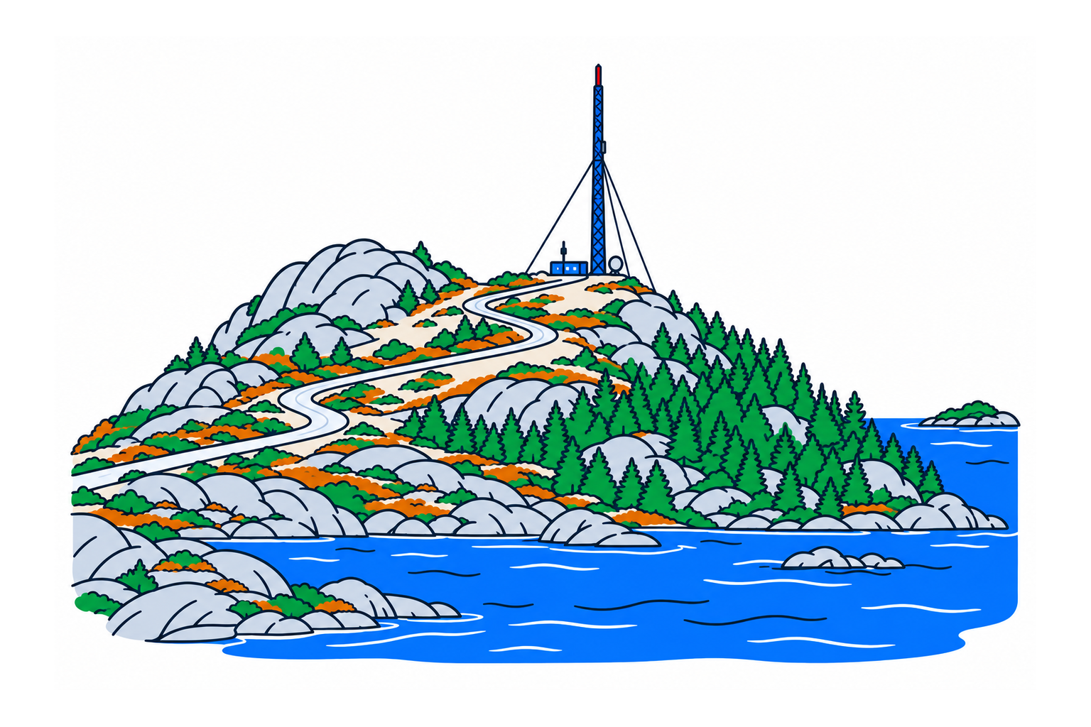 SamfunnPrep illustration of Boknafjellet in Bokn, showing the rounded coastal summit, slender broadcasting mast and winding approach road.