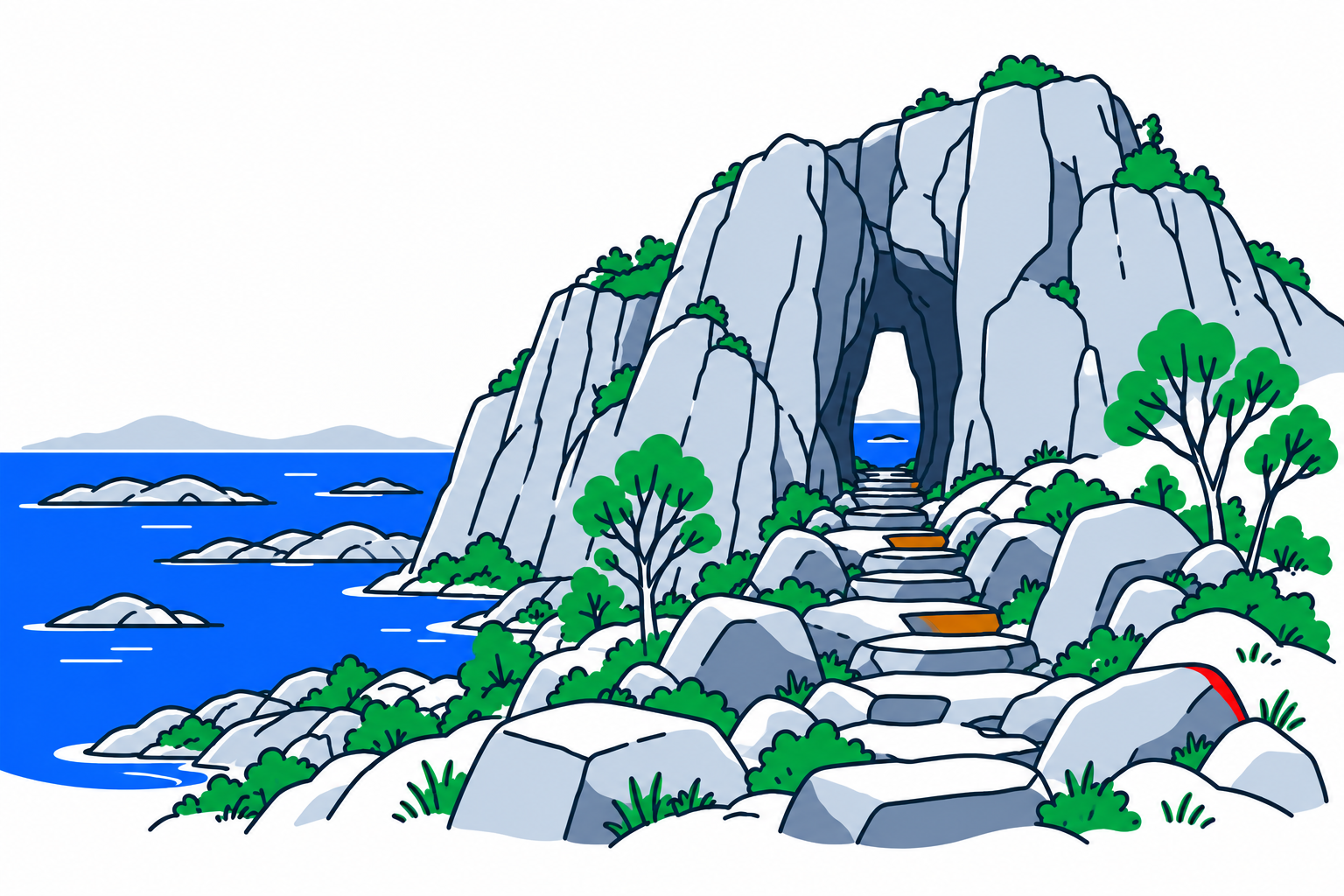 SamfunnPrep illustration of Torghatten's natural rock opening and the coastal landscape in Brønnøy.