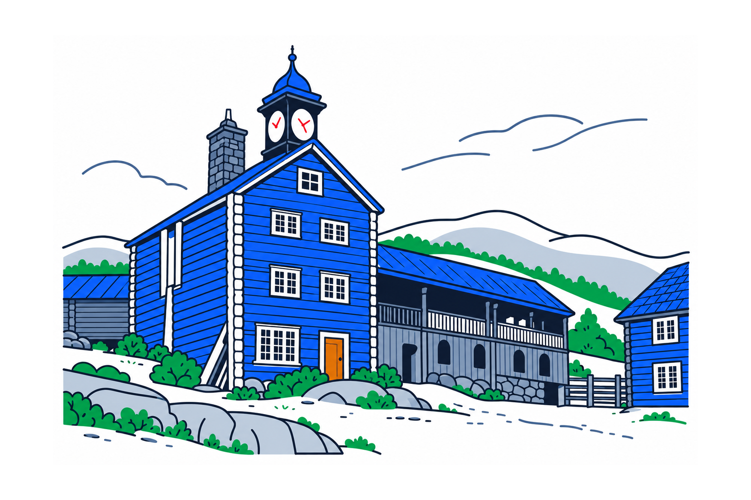 SamfunnPrep illustration: Tofte, Dovre. The large historic timber farm buildings with galleries.