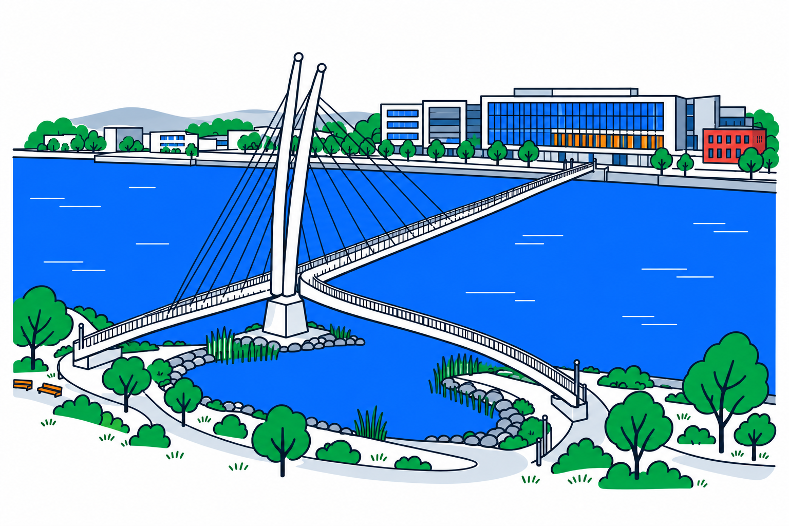 SamfunnPrep illustration: Ypsilon bru, Drammen. The Y-shaped white pedestrian bridge and cable towers.