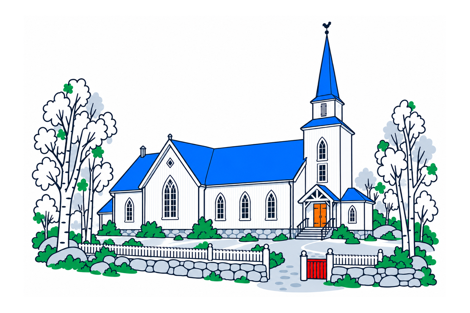 SamfunnPrep illustration of the white timber Dyrøy kirke and its tall entrance tower at Holm on Dyrøya.