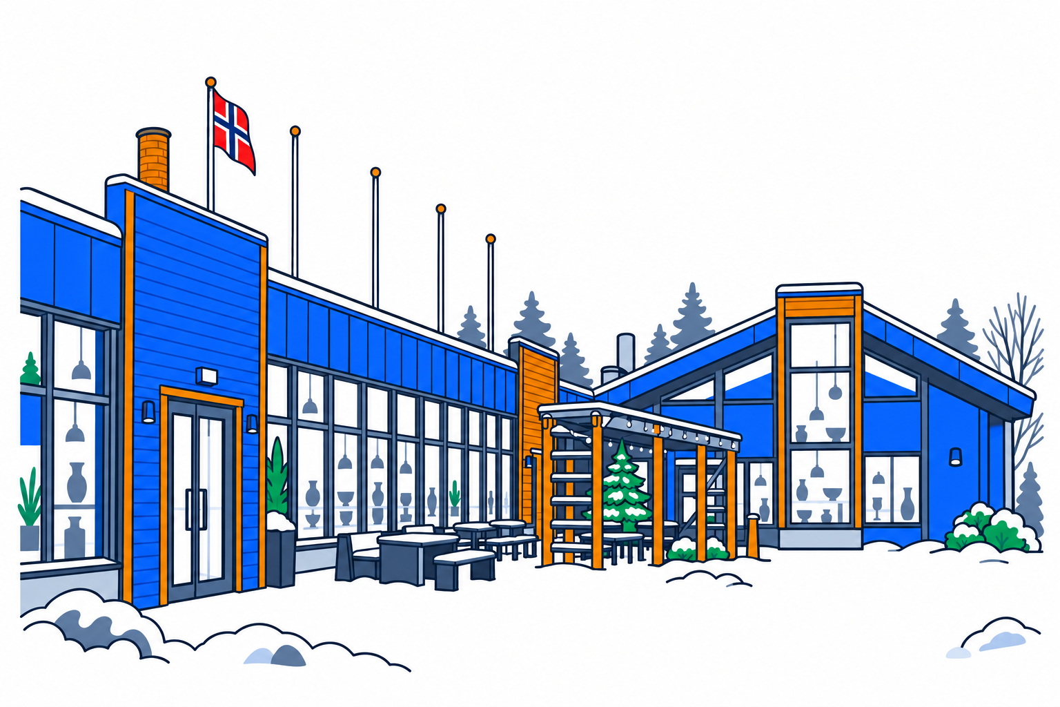 SamfunnPrep illustration: Magnor Glassverk, Eidskog. The glassworks buildings in Magnor's wooded border landscape.