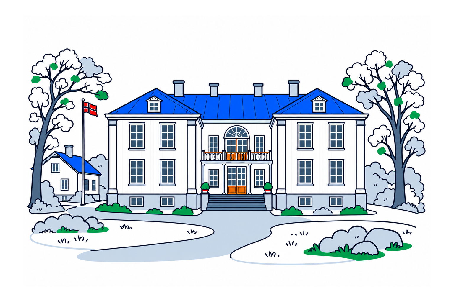SamfunnPrep illustration: Eidsvollsbygningen, Eidsvoll. The historic timber house where the constitution was adopted.