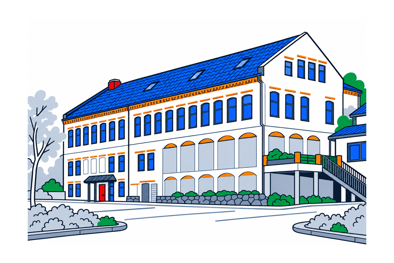 SamfunnPrep illustration of Egersund Fayancemuseum in Eigersund, showing the former factory facade with rows of windows and pitched roofs.