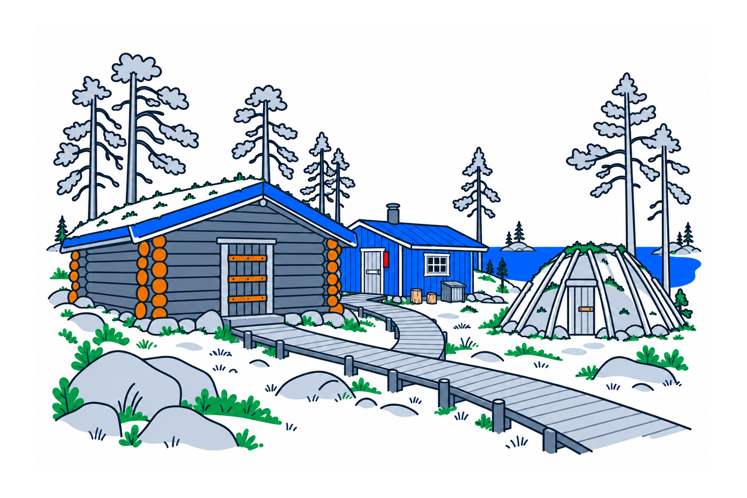 SamfunnPrep illustration: Blokkodden Villmarksmuseum, Engerdal. The woodland museum with historic shelters beside the lake.